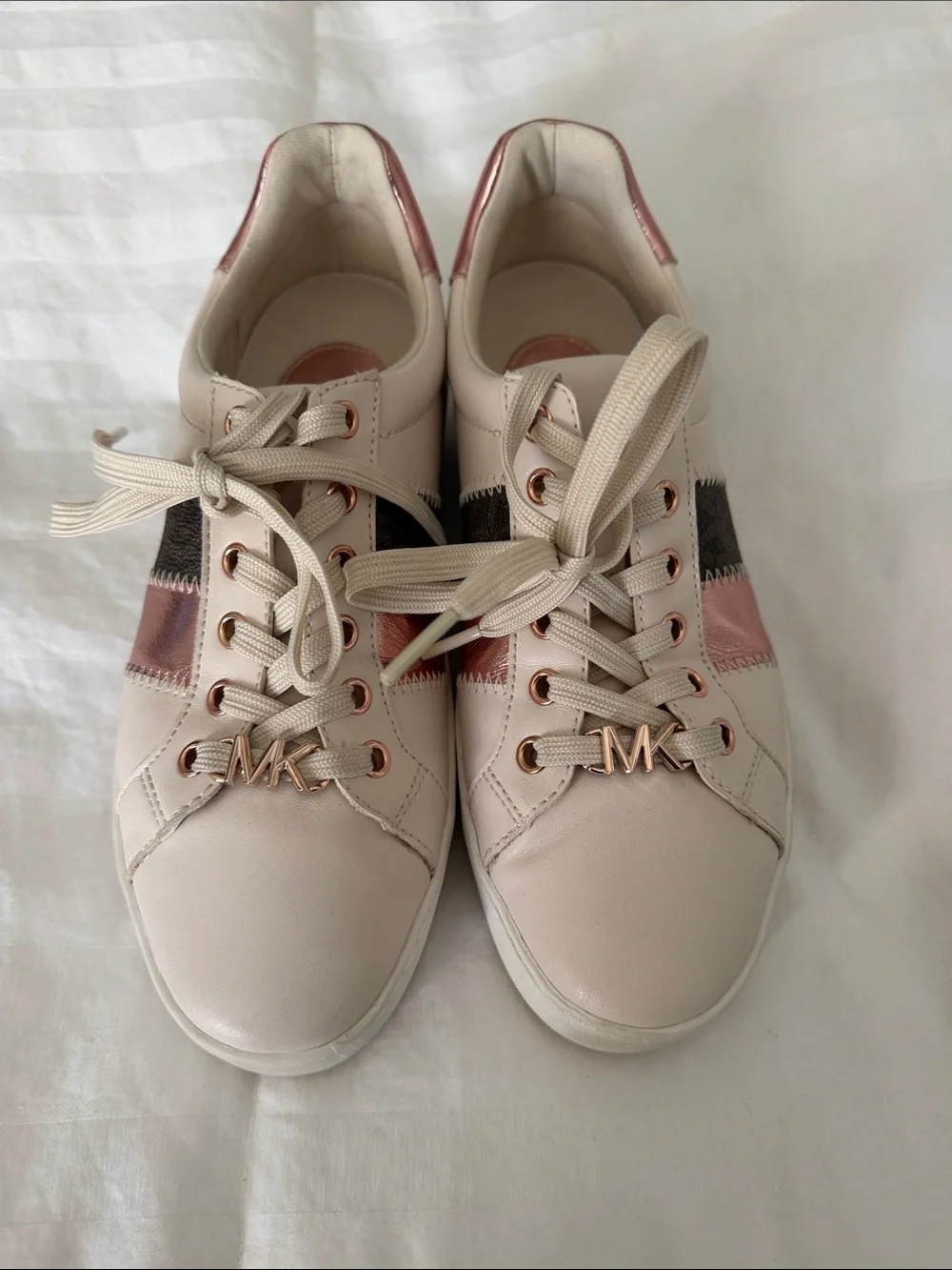 Michael Kors Cream Leather Sneakers with Rose Gold and Black Accents